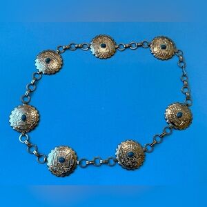 Embossed Concho Belt 7 Silvertone Medallions Turquoise Colored Blue Oval Insets